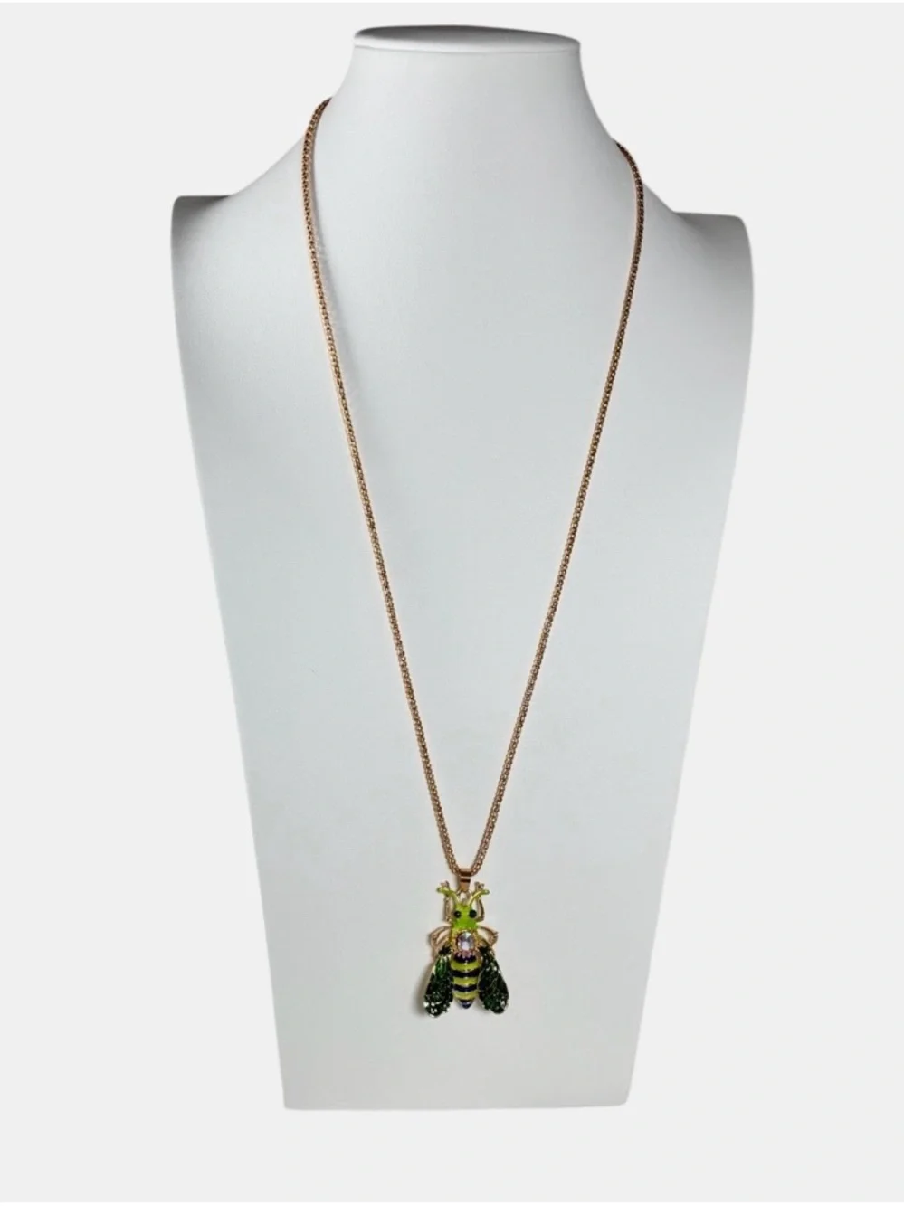 Betsey Johnson Green Enamel Crystal Insect Bee Pendant Necklace - Picture 2 of 8